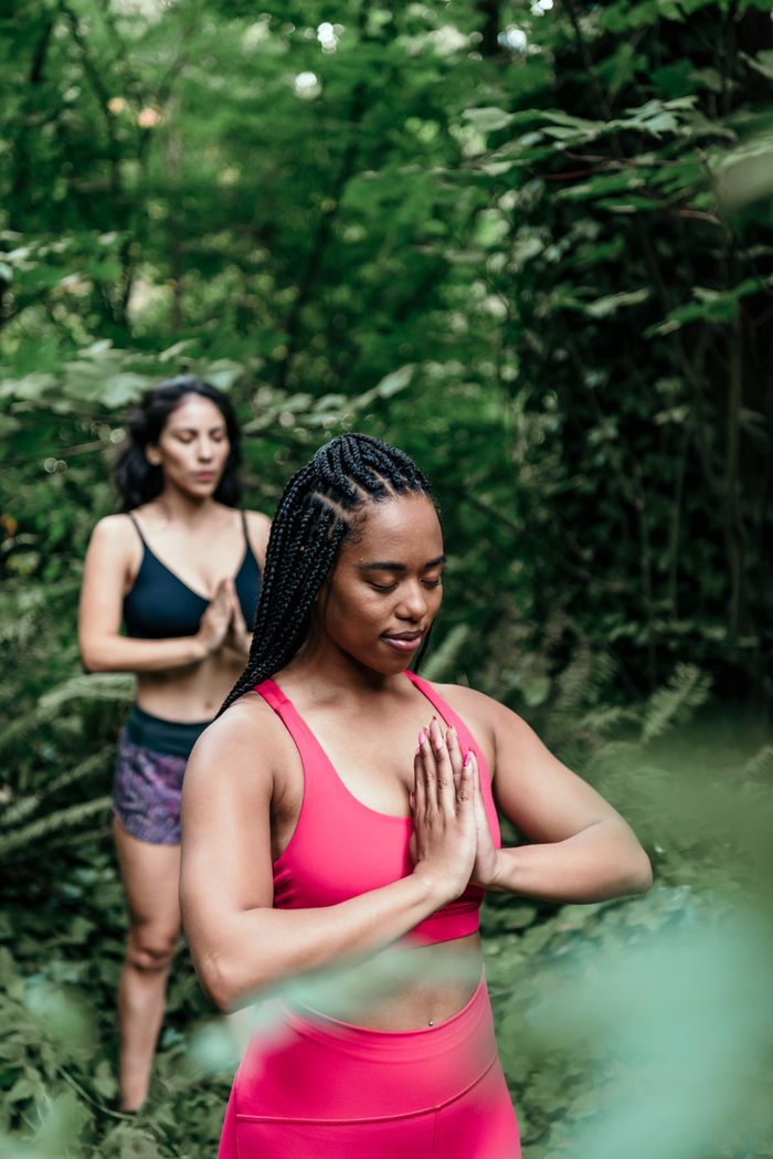 Two women meditating in a serene forest setting, emphasizing wellness and mindfulness.